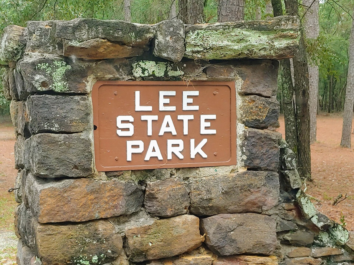 The stone entrance sign of Lee State Park, near Bishopville