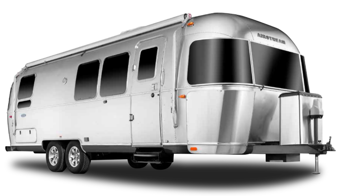 A silver Airstream travel trailer, the picture at the top of the original home page